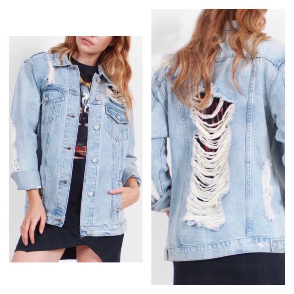 BOOM BOOM JEANS Destroyed Distressed Denim Jacket L